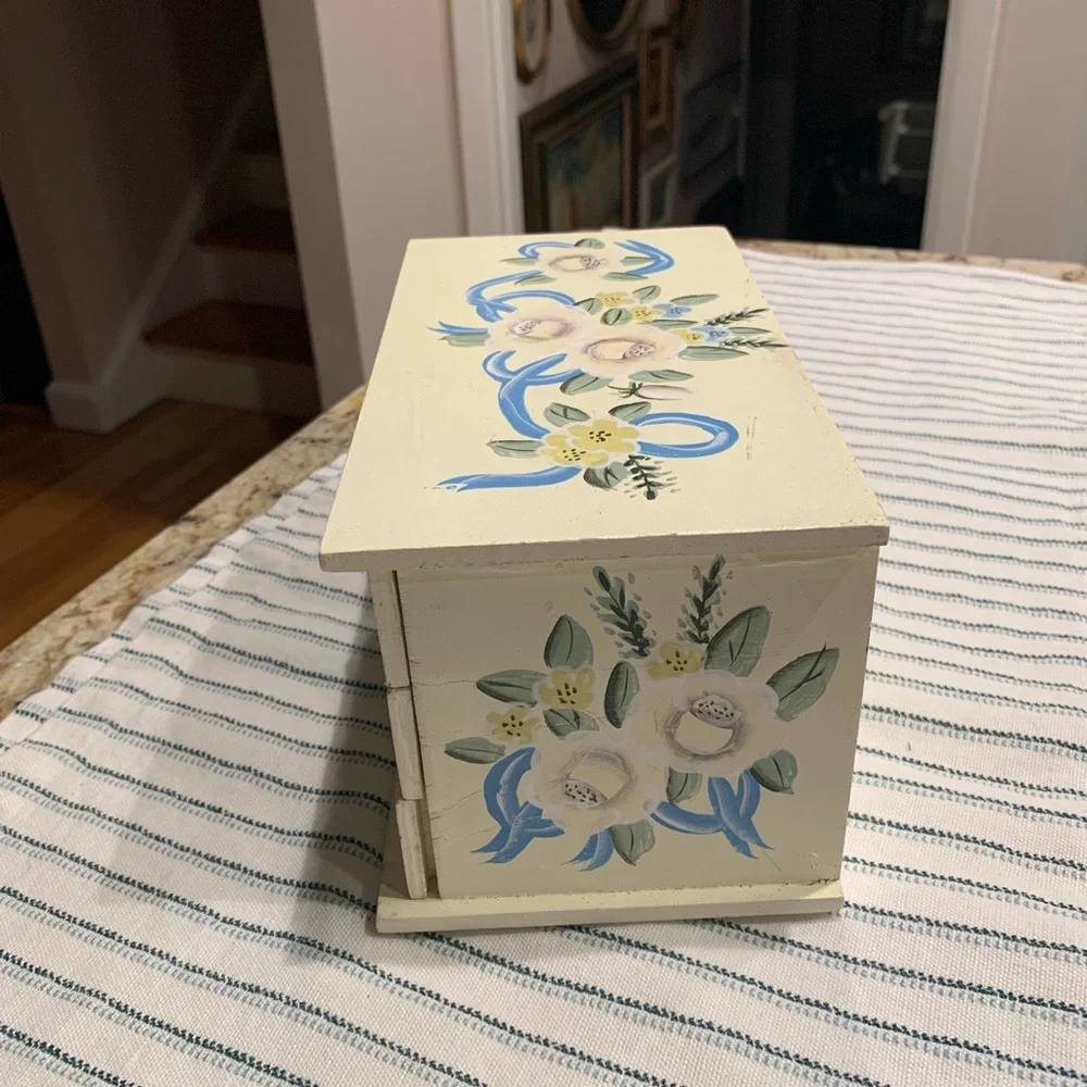 Vintage Hand Painted Jewelry Box Cottage Core 3 Drawer Wood Floral Design